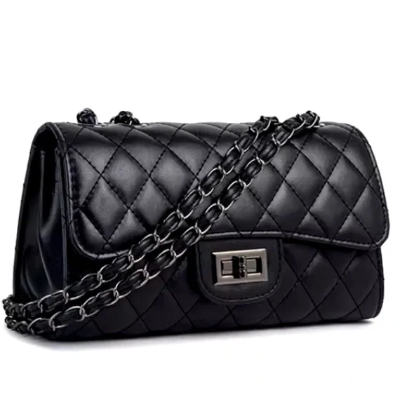 NWT Chanel-Like QUILTED BLACK METAL CROSSBODY - Picture 1 of 11